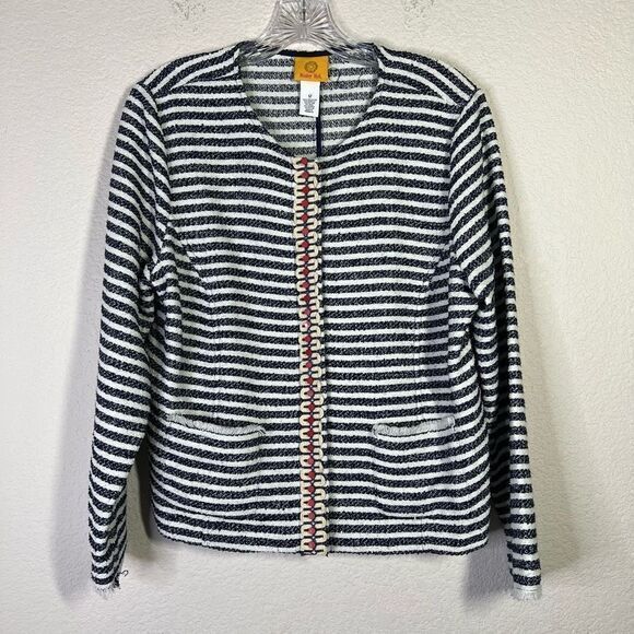 Ruby Rd Women's Blue White Nautical Striped Textured Tweed Blazer Jacket Size 12 - Picture 1 of 7